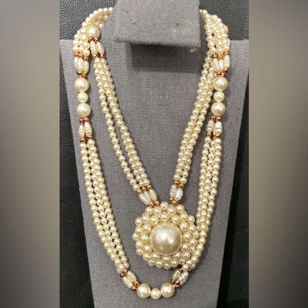 #2 - Vintage 15” Faux pearl Triple with attached pendant necklace